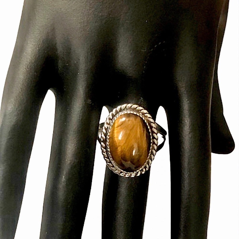 Native American Sterling Silver Ring w Tigers Eye and Woven Detail Sz 10-1/2